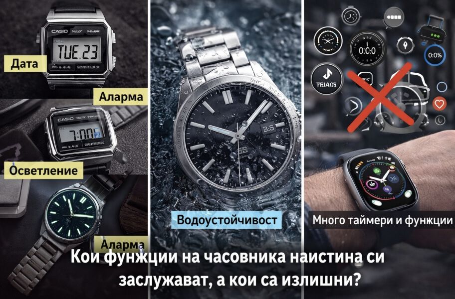 Колаж от три вертикални секции, показващи кои функции на часовника са наистина полезни и кои често са излишни: вляво са показани дигитален и аналогов часовник с акценти върху дата, аларма, осветление и добра видимост в тъмното; в средата е аналогов часовник с метална верижка, покрит с капки вода, като акцентът е върху водоустойчивостта като важна ежедневна функция; вдясно е смарт часовник с много икони и допълнителни възможности, маркирани с голям червен знак, който подсказва претрупване с твърде много таймери и функции, а в долната част има въпрос кои функции на часовника наистина си заслужават и кои са излишни